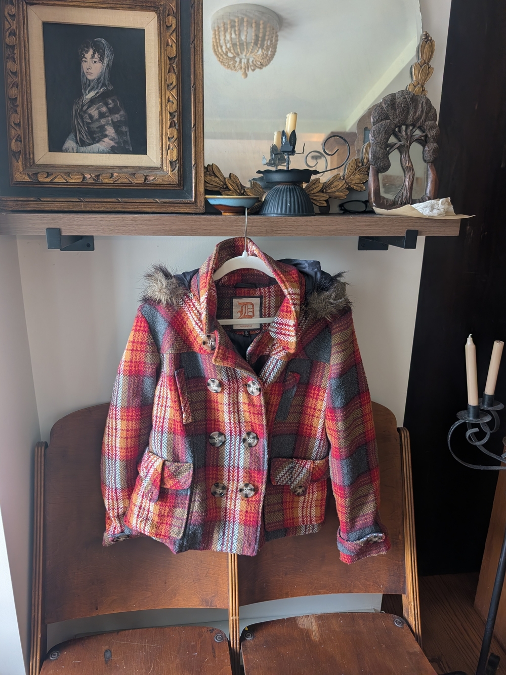Y2k Plaid Double-Breasted Juniors/Women's Coat with Faux Fur Hood - Orange Multi